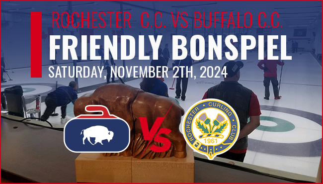 Promotional image for a Friendly Bonspiel between Rochester Curling Club and Buffalo Curling Club on November 2nd, 2024, featuring curling match and trophy with both club logos.